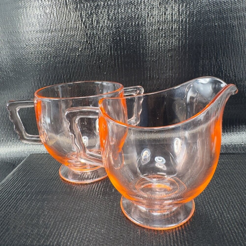 Vintage Pink Depression Glass‎ Sugar And Creamer Set 2 Glassware Bright Orange